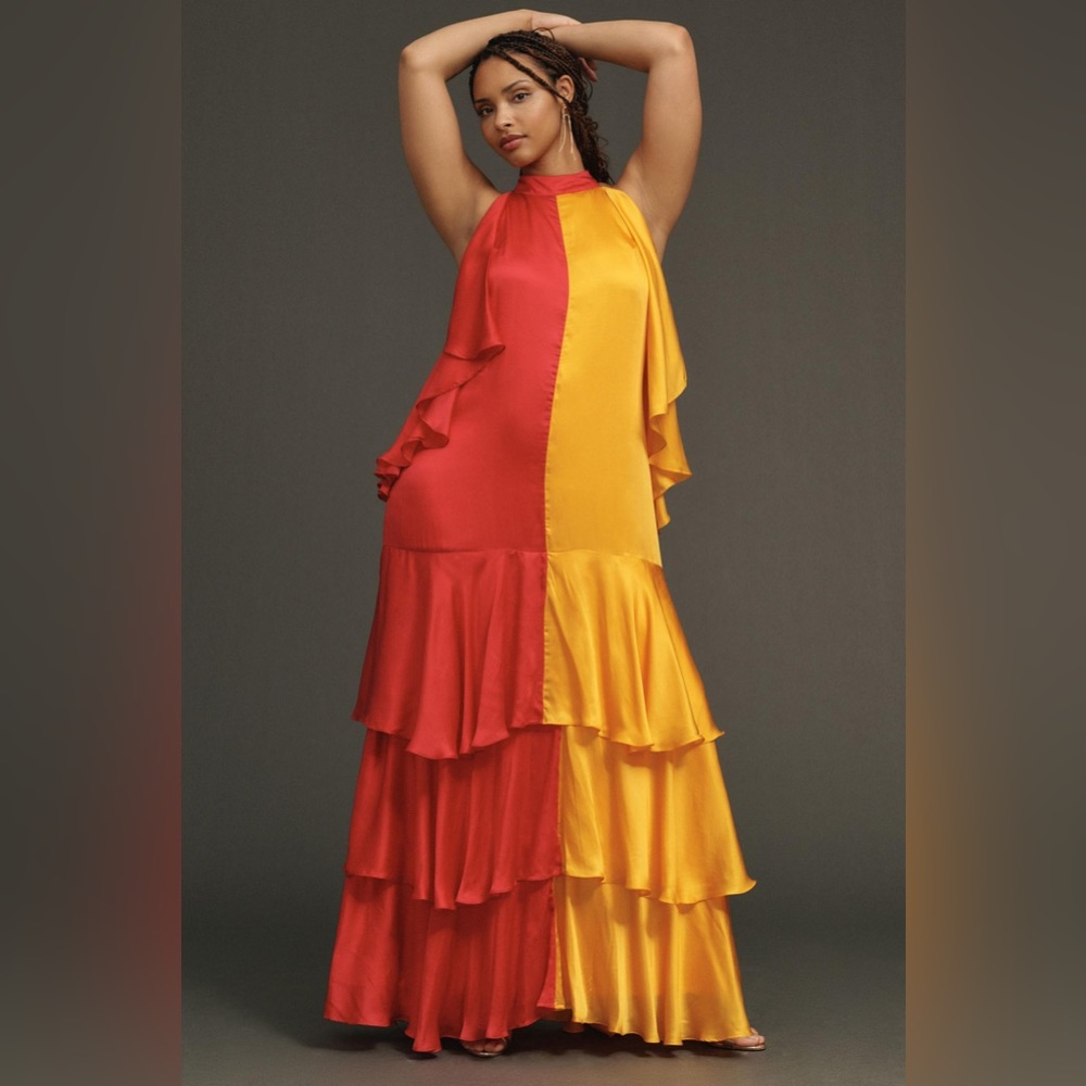 ✨ Anthropologie Mock-Neck Colorblock Ruffle Dress Sz M - Picture 5 of 9